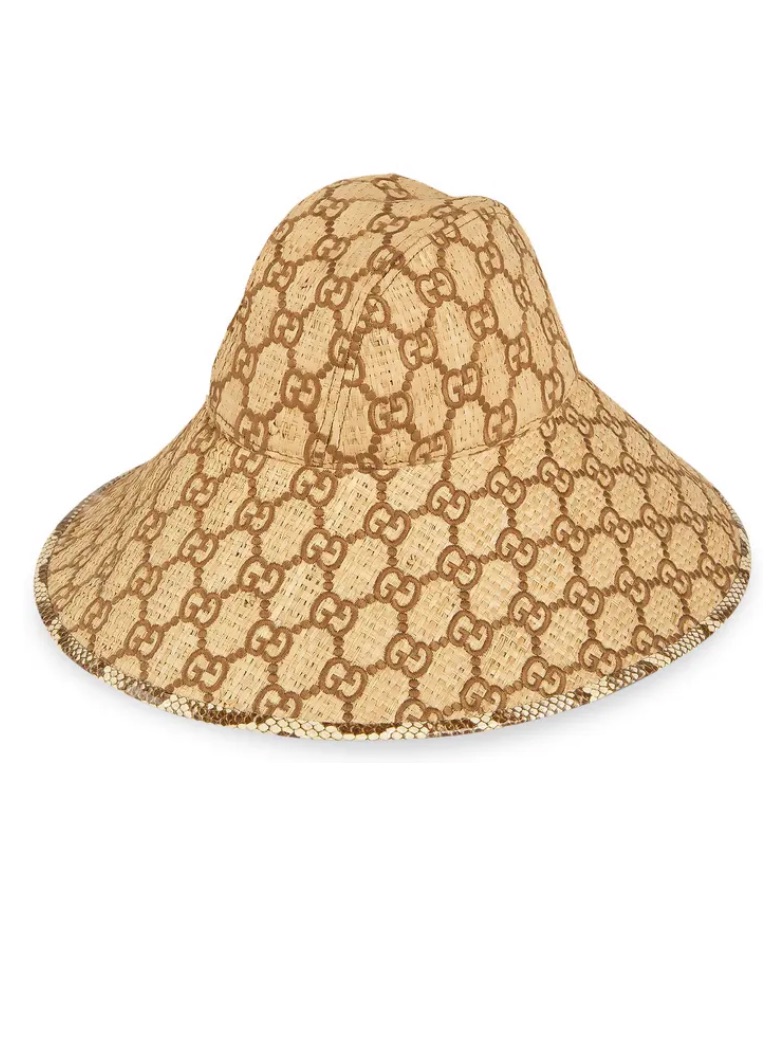Gucci Gg Monogram Raffia Hat With Python Trim
